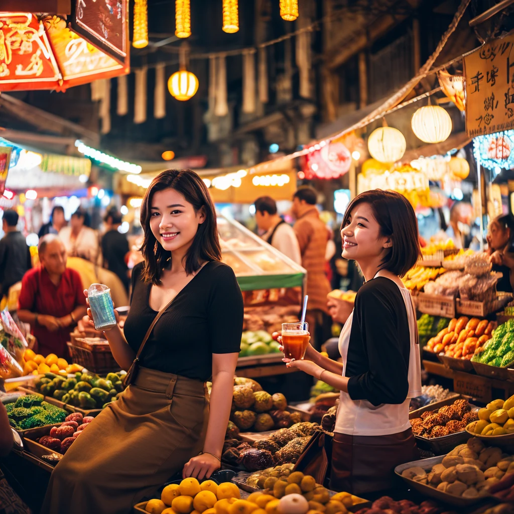 Realistic photo of a (slightly curvy) woman smiling and holding a glass of cold drink in a busy market. This woman has slightly sweaty skin, wearing a white tank top and a brown skirt. She had dark brown hair tied up, a few strands falling over her face. In the background, there are many people, mostly men, standing or sitting around a long counter, appearing to be interested or paying attention to the woman. This market appears to be inside a large building with a high roof and lots of hanging lights that illuminate the area. This image depicts a busy and lively market atmosphere, with interactions between sellers and buyers that look natural and authentic.
