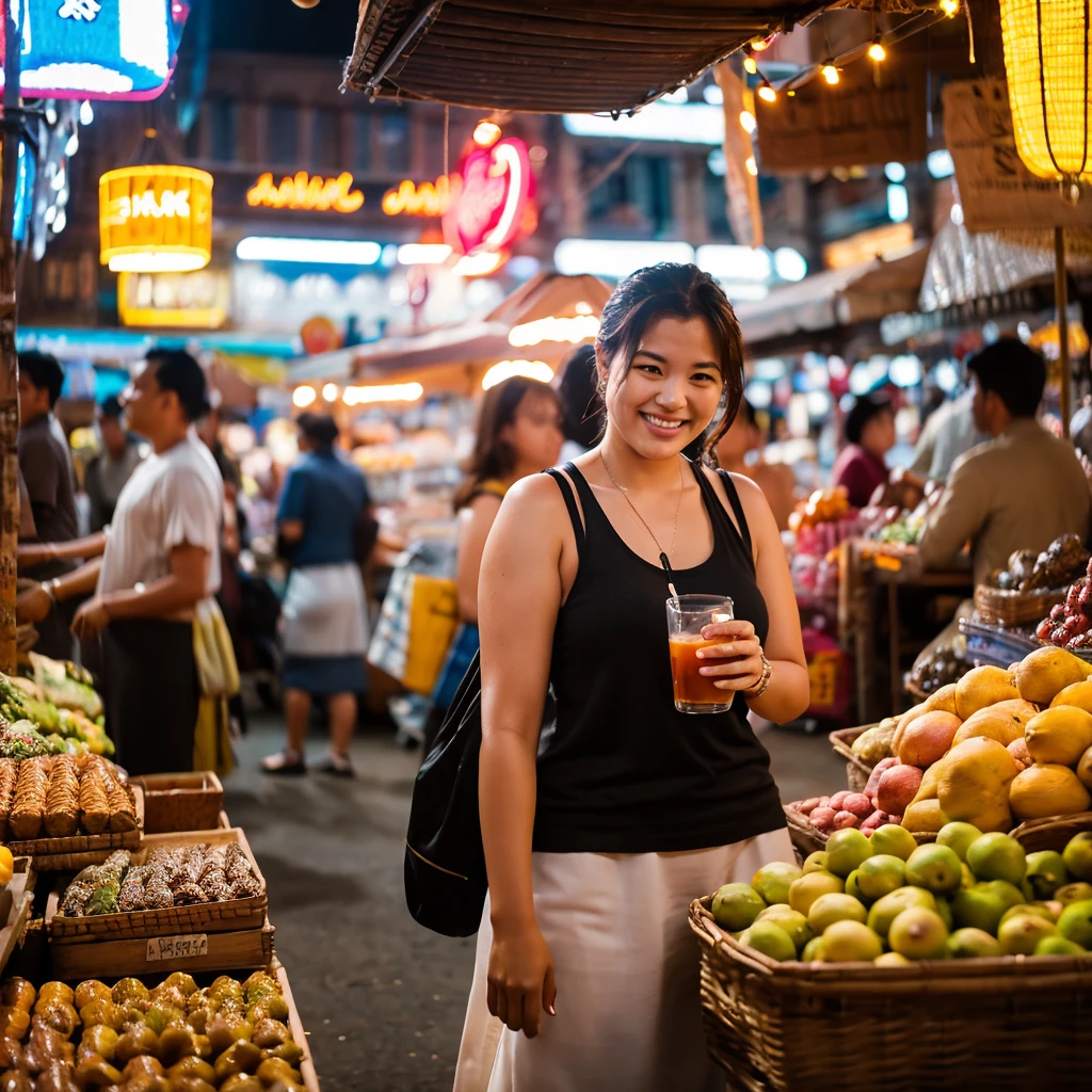 Realistic photo of a (slightly curvy) woman smiling and holding a glass of cold drink in a busy market. This woman has slightly sweaty skin, wearing a white tank top and a brown skirt. She had dark brown hair tied up, a few strands falling over her face. In the background, there are many people, mostly men, standing or sitting around a long counter, appearing to be interested or paying attention to the woman. This market appears to be inside a large building with a high roof and lots of hanging lights that illuminate the area. This image depicts a busy and lively market atmosphere, with interactions between sellers and buyers that look natural and authentic.