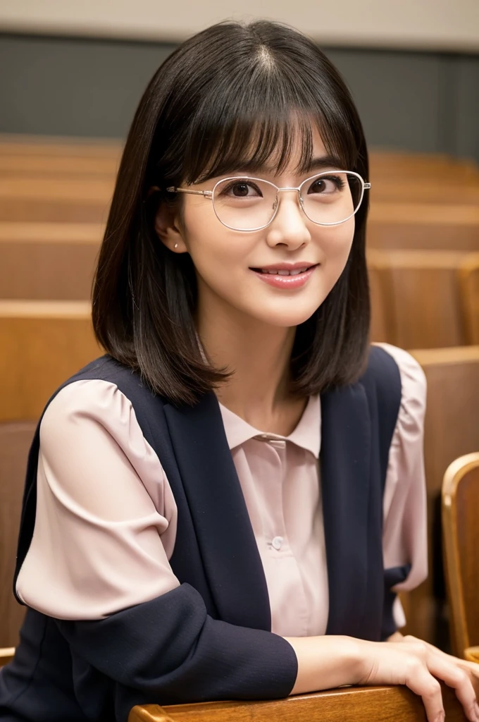 Adult feminine sex appeal、Sexy female scholar、University lecture hall, university psychology associate professor, ((full body)), ((photo)), ((best qualtiy, 8K, tmasterpiece:1.3)), Focus:1.2, perfect figure beautiful woman:1.41woman, cowboy shot, look at viewer, eyes facing the camera, incredibly absurd, beautiful and cute woman with a photorealistic face, showcasing top-quality craftsmanship, A Japanese woman giving a lecture at a university lecture hall, 27 years old, with a bob cut and flipped hair, short bangs swept at an angle, smooth and shiny hair, natural hairline, fair and smooth skin, plump and healthy cheeks, large, jet black eyes, round eyes, long and upward-facing eyelashes, double eyelids, thin and straight eyebrows, small and round nose, plump lips, upturned corners of the mouth, charming smile, cute face, glamorous, well-balanced proportions, tall, beautiful D-cup breasts, silver-rimmed glasses, pink blouse, black tight skirt, fashion with a waist-marked silhouette, scarf, heeled shoes, vanilla perfume, beautiful, pretty older woman, glasses suit her, knowledgeable, playful, curious, smart, elegant, November