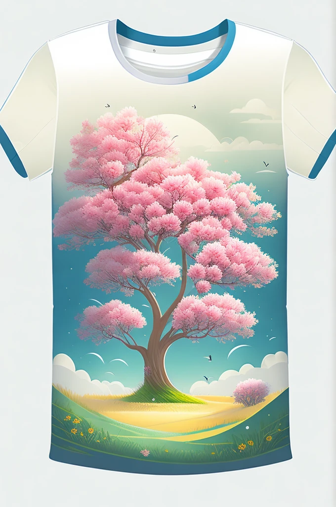 A t-shirt with a flowering tree in a spring landscape, t shirt design, rzminjornada, vectorial art