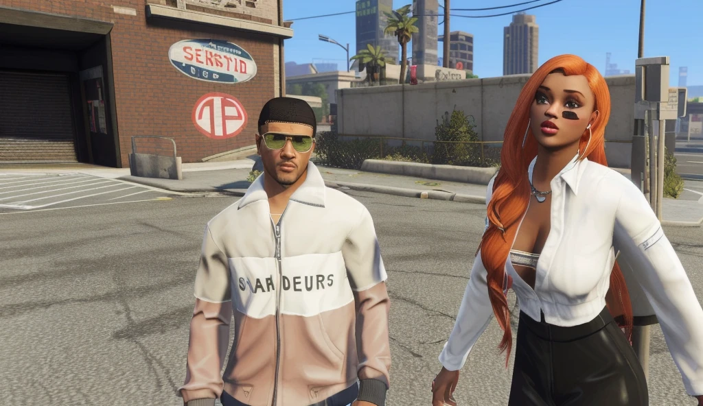 there are two people walking down the street in a city, gta v street style, gta character, as a character from gtav, gta5 style, ariana grande in gta v, style of gta v, gta 6 style, drake in gta v, grand theft auto style, gta v style, gta v character, gta 5 skin tone, realistic clothing, gta style