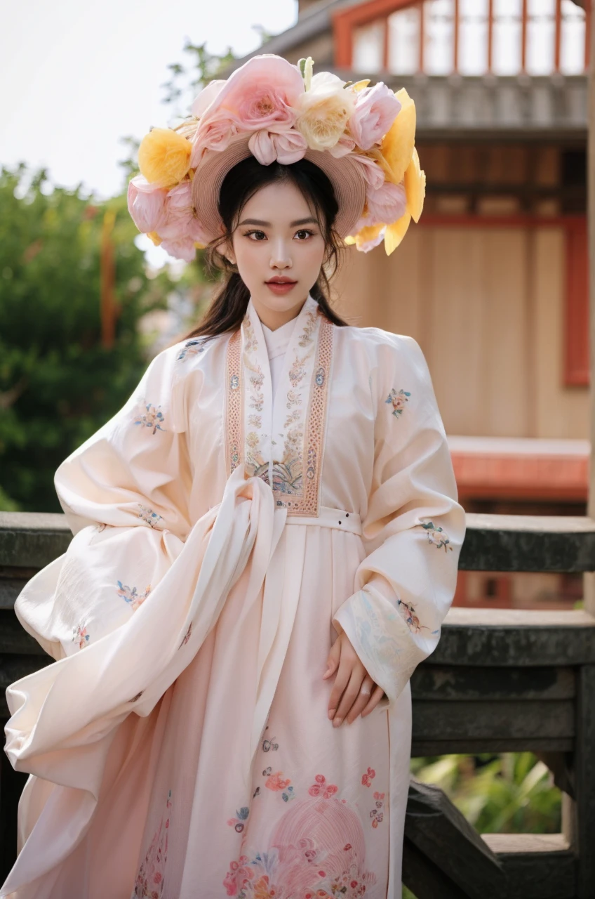 A young woman, detailed face, elegant traditional Asian attire, long straight black hair with slight wave, elaborate colorful floral headdress with pink, yellow, white, and purple flowers, large and full headdress covering top of head and framing face beautifully, traditional pink and white embroidered gown, (best quality,4k,8k,highres,masterpiece:1.2),ultra-detailed,(realistic,photorealistic,photo-realistic:1.37),intricate details,highly ornate,cinematic lighting,warm color tones,cinematic dramatic lighting