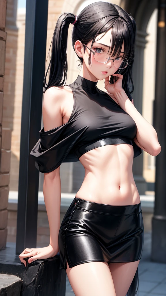 realistic, 1girl, very thin and slender, black hair, pigtails , black crop top, black skirt, parted lips, blush, night, stone archway, oversized black framed glasses