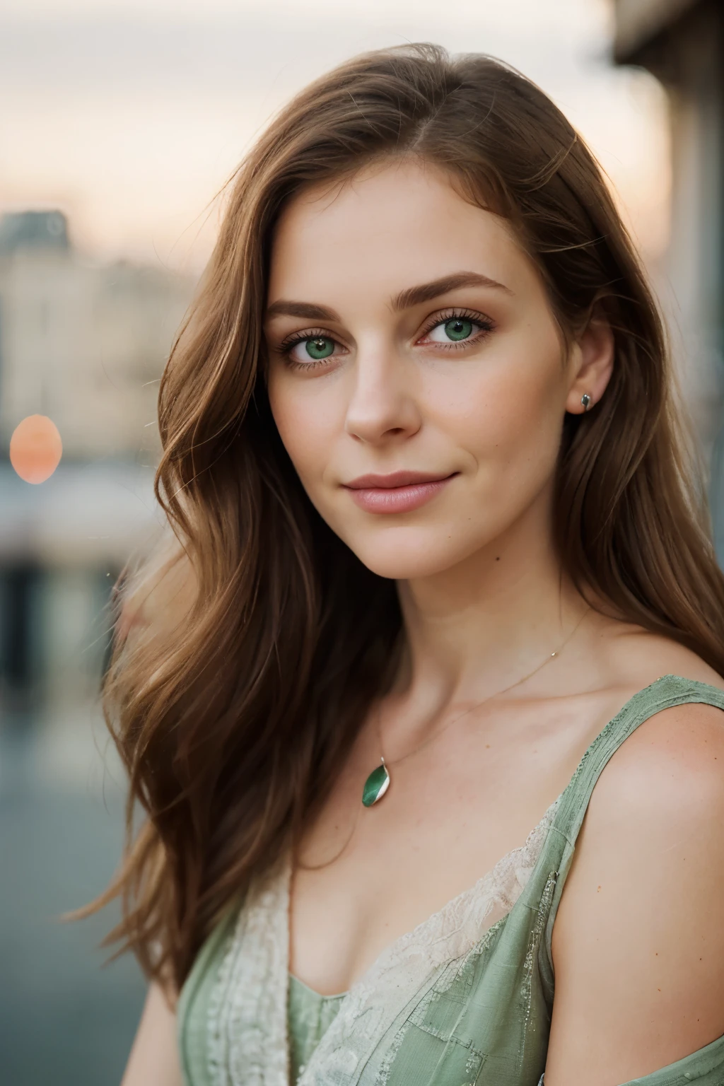 In this captivating close-up, a woman in her 30s with luminous brown hair and mesmerizing green eyes is the focal point. Her expression radiates a sense of serenity and wisdom, with subtle creases around her eyes that speak of her life's journey. Her lips, though closed, are full and softly lined, hinting at a secret smile. The intricate details of her features are beautifully highlighted, with a gentle blush (0.5) adding a touch of warmth to her complexion.

The cityscape behind her is softly blurred, allowing her to stand out as the main subject. The shallow depth of field and high-budget production values give the