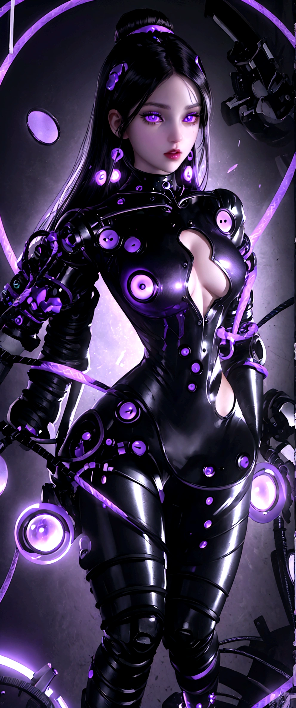 (female) (women) (black hair) (full body suit, tight) (android) (circular buttons on the torso) (purple eyes) (violets) (laboratory) (cables connected to it) (black hair largo) (robotic body)