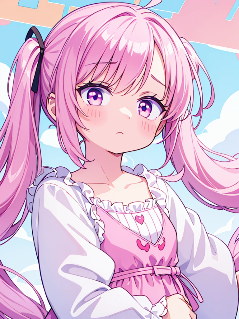High resolution, extremely detailed, masterpiece, 1girl, long pink pigtails, pink eyes, round face, extremely adorable, premature body, small, short, very cute race, big eyes, ultra cute, simple