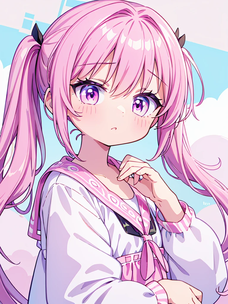 High resolution, extremely detailed, masterpiece, 1girl, long pink pigtails, pink eyes, round face, extremely adorable, premature body, small, short, very cute race, big eyes, ultra cute, simple 