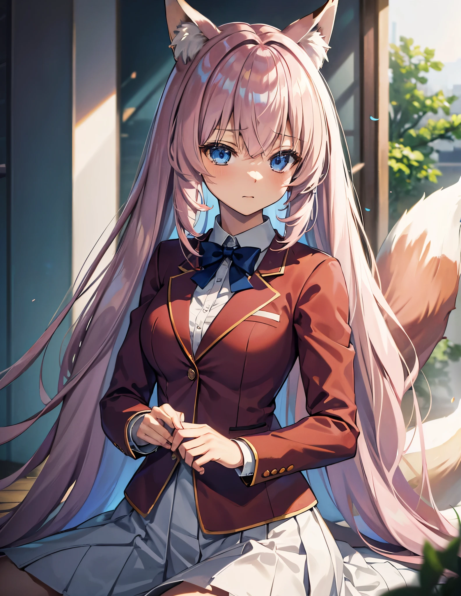 Ichinose honami, ((((Masterpiece))), Best Quality, Best Quality, High Detail, Ichinose hanami, 1girl, Sakuragaoka High , Musical Instruments, , Twin Tails, Long Hair, Ping Hair, Blue Eyes, Solo, Red, Dark blue blazer with thin red bow, Solid white button-up shirt under blazer, Illustration, Cartoon, Calming tones, Muted colors, Soft cinematic light, Adobe Lightroom, Photo Lab, HDR, complex and highly detailed, (((depth of field )), (neko ears), (fox tail)