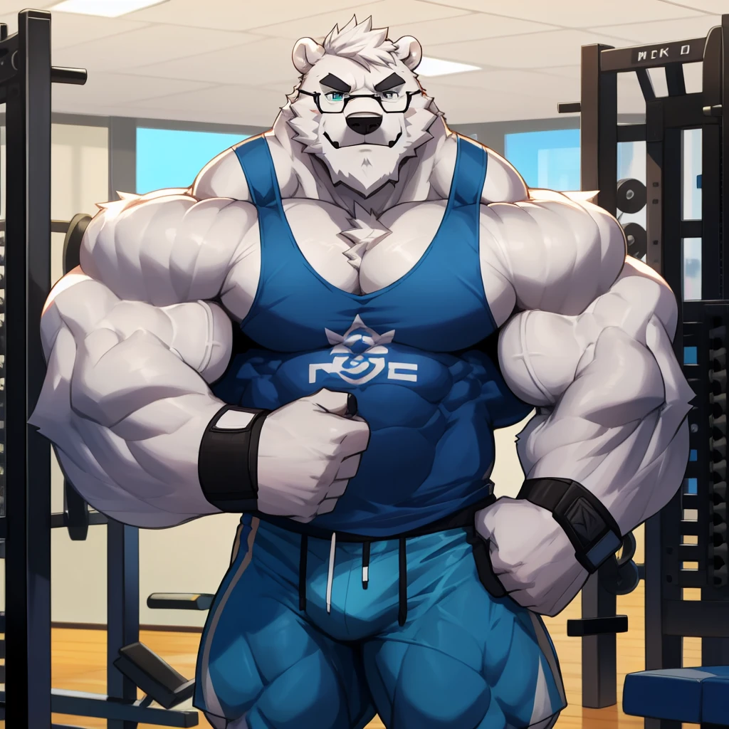 solo, 1boy, Huge Muscular White Polar Bear wearing glasses, huge white fur, pectoral, huge pectoral, wide pectoral, short white hair, blue colored short pants, blue colored wristbands and blue colored tank top, white bearded, white Mustache, white fur, black eyebrows, gym fitness center background, masterpiece, high detailed, 8k, high resolution, at the gym, flexes huge thorax, looking at the viewer, acting all hink
