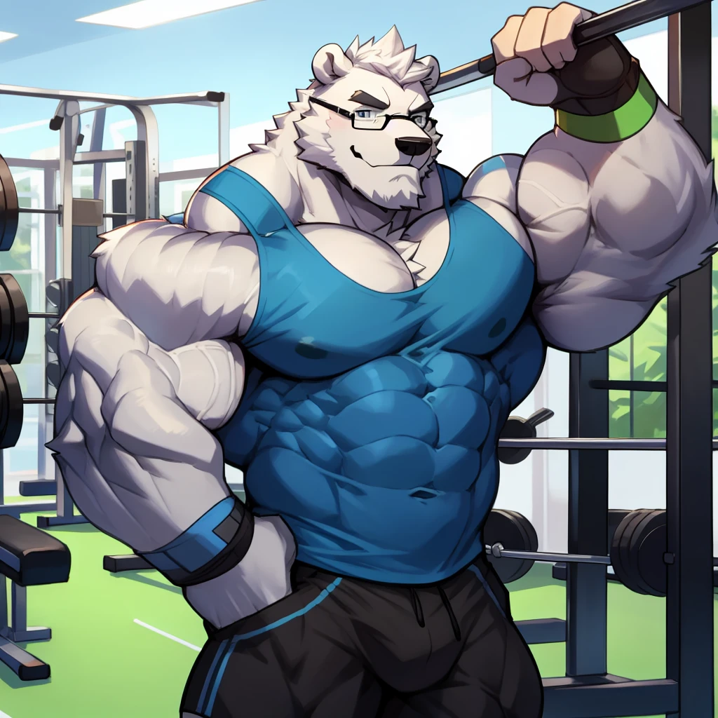 solo, 1boy, Huge Muscular White Polar Bear wearing glasses, huge white fur, pectoral, huge pectoral, wide pectoral, short white hair, blue colored short pants, blue colored wristbands and blue colored tank top, white bearded, white Mustache, white fur, black eyebrows, gym fitness center background, masterpiece, high detailed, 8k, high resolution, at the gym, flexes huge thorax, looking at the viewer, acting all hink