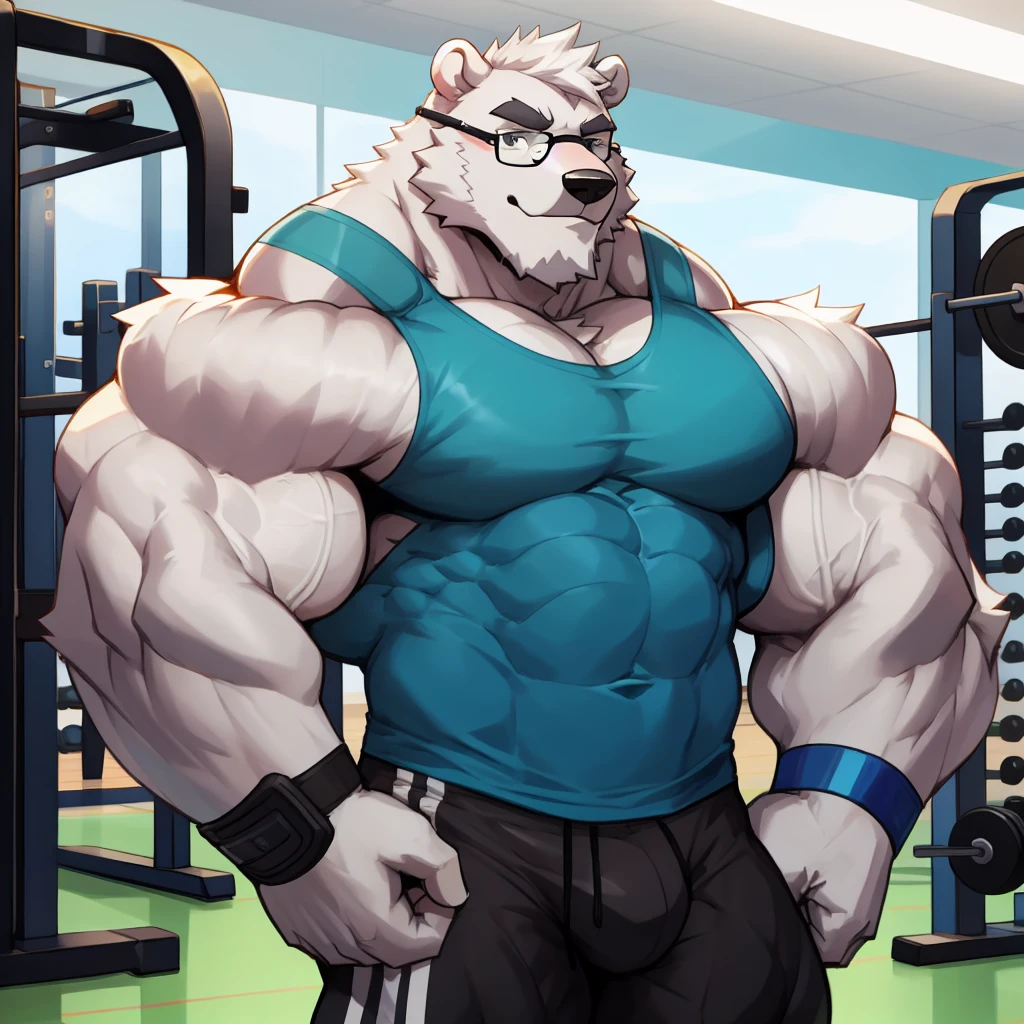 solo, 1boy, Huge Muscular White Polar Bear wearing glasses, huge white fur, pectoral, huge pectoral, wide pectoral, short white hair, blue colored short pants, blue colored wristbands and blue colored tank top, white bearded, white Mustache, white fur, black eyebrows, gym fitness center background, masterpiece, high detailed, 8k, high resolution, at the gym, flexes huge thorax, looking at the viewer, acting all hink