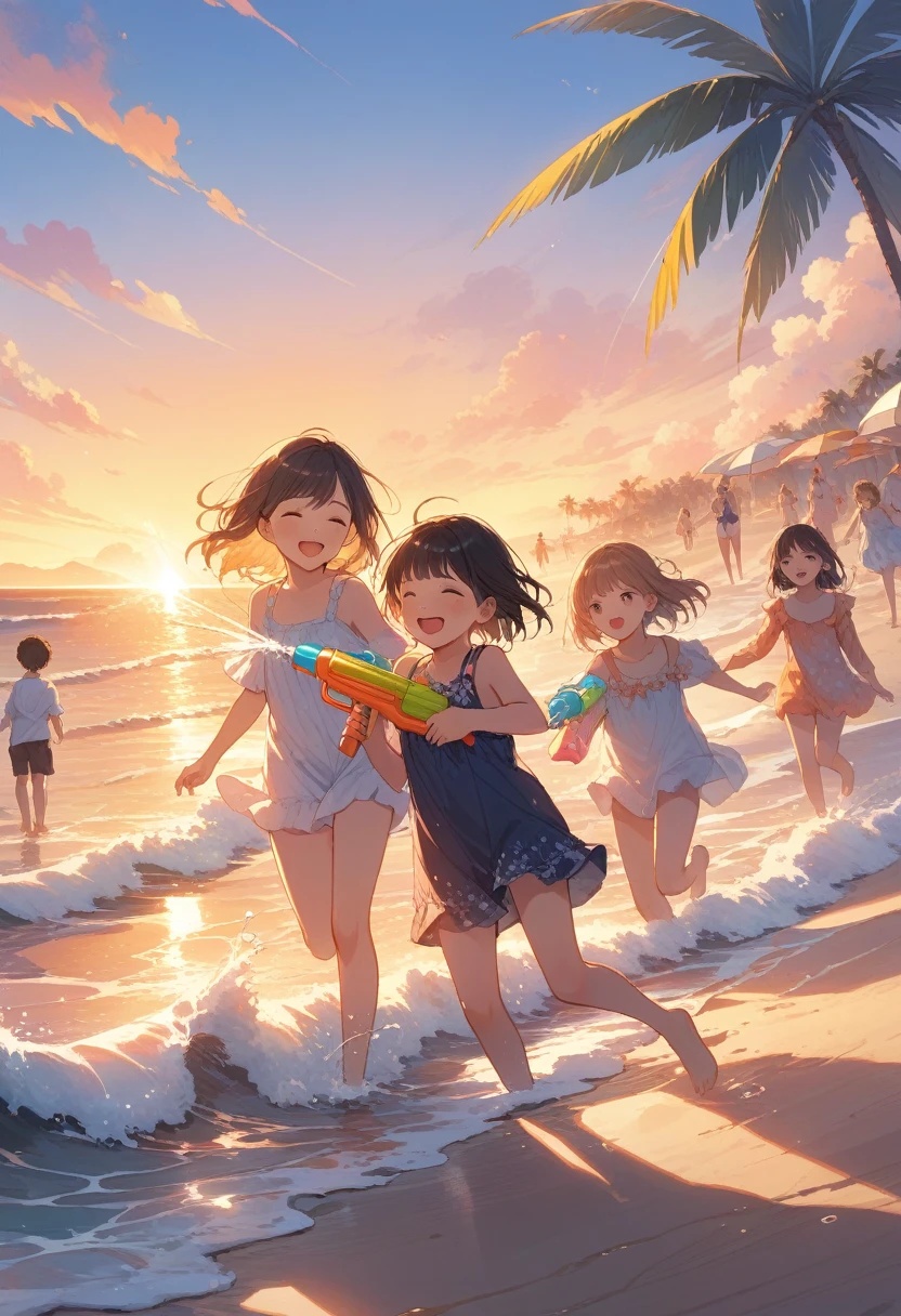 ((Masterpiece)), ((Best Quality)), (Very Detailed), ((Very Detailed)), 4K, (8K), very aesthetic, absurdres highres, ((Masterpiece)), ((Best Quality)), (Very Detailed), ((Very Detailed)), 4K, (8K), very aesthetic, absurdres highres, Draw children playing on the beach at sunset. They are holding colorful water guns and spraying water on each other with smiles on their faces. The orange sky stretches out in the background, and the beautiful light of the setting sun reflects on the sandy beach. The waves are gently lapping and you can see palm trees and beach umbrellas in the distance. The happy faces of the children and the splashing water create a lively scene.