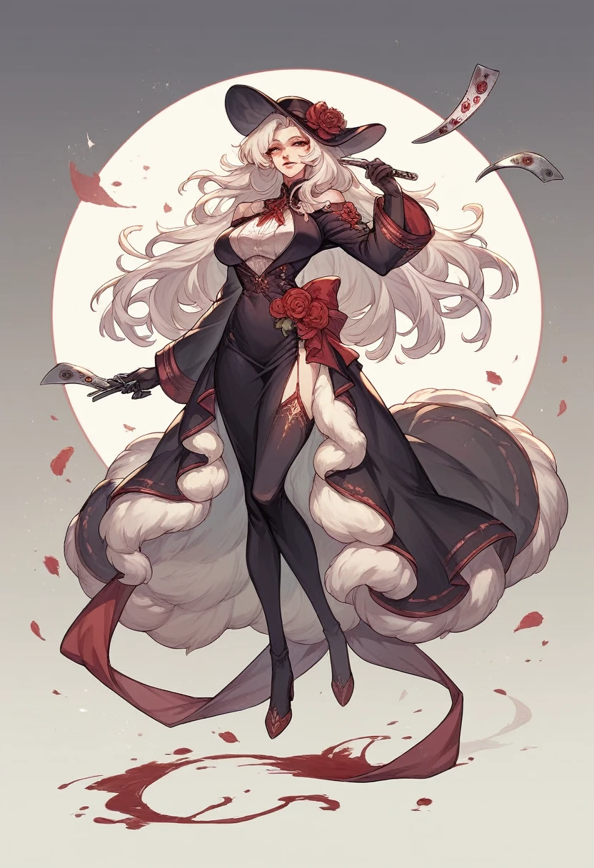 beautiful girl, full body, beautiful eyes, long thick hair, bloody revolver, fluffy animal