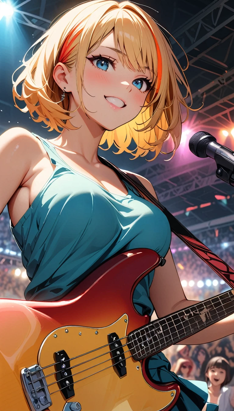 (highest quality:1.2, Very detailed, up to date, Vibrant, Ultra-high resolution, High Contrast, masterpiece:1.2, highest quality, Best aesthetics), Portraiture、girl、singer、stage、performance、Rock Music、Bright colors、Beautiful fine details、Beautiful lip detail、short cut, bob cut、silver and orange ((streaked hair)), highlights hair: 1.1, middium breast, Music band、Cheerful pose、Concert Light、Edgy Style、Tank top、Dynamic Movement、hypnotic sounds、Stadium、amplifier、Loud music、Electric bass、Fender bass, Powerful vocals、Passionate performance、Sparkling stage、Concert atmosphere、Music Festival、Full of emotion、Rock star attitude、Resolute expression、Avid Fan、The presence of an attractive stage、 Expressive gestures、Rock star aura、An exciting atmosphere、Sing with all your heart、An unforgettable show。