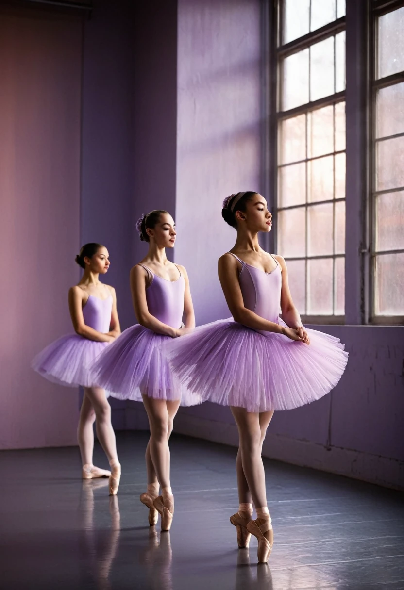 The poster captures a poignant moment in a dimly lit ballet studio. Three age ballerinas, each with a distinct presence and expression, are depicted mid-performance. expression, are depicted mid-performance. They wear traditional ballet attire on the color of lavender and pink, their delicate costumes softly illuminated by a single spotlight casting gentle shadows around them.

The backdrop of the studio is softly blurred, focusing attention on the dancers and their emotional performance. The studio's ambiance is tranquil yet evocative, enhanced by the soft glow of overhead lights that bathe the scene in a gentle, melancholic hue and like the ballerina 2 looks sad, craving for parents compliments .

Please make it aesthetic, coquette style 