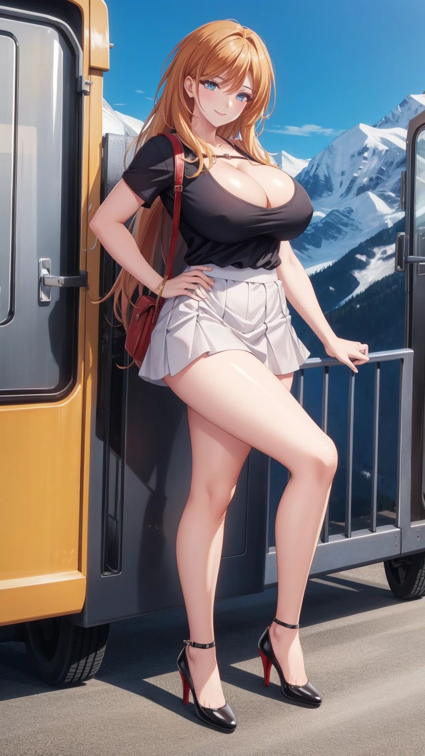 1 girl, very big breasts, very sexy body, 1 girl in, a smile, looks at the viewer, black shirt, super short white school miniskirt, full body, giant breasts, cleavage, giant breasts, heels, background in the mountains 1 girl , with big breasts. long legs QUEEN huge tits, (cleavage), high legs, (standing), sexy and muscular body. short skirt.4k hd