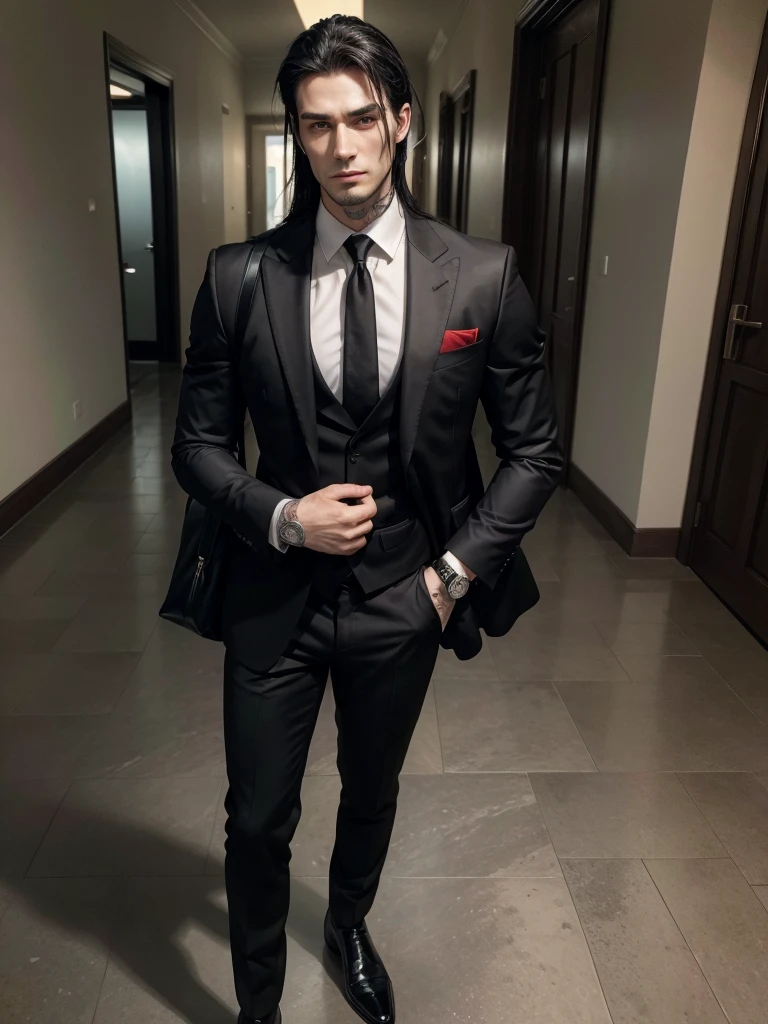 Italian man. With defined jaw,slightly long black hair. With a black business suit but you can tell he has muscles because of the fabric.. He has a watch in his hand. black shoes. neck tattoos. Brown-red eyes. Italian traits. stomach 1.95 tall. and he is handsome. Has 30 years.