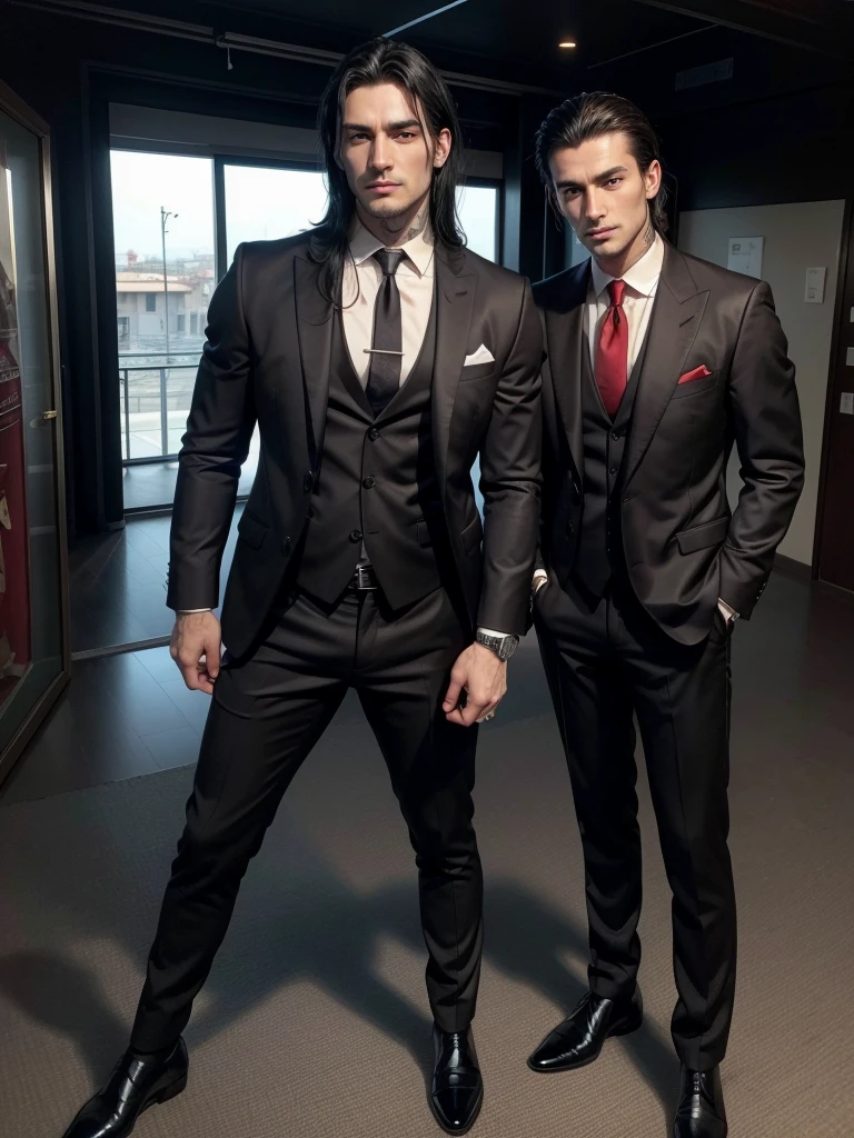 Italian man. With defined jaw,slightly long black hair. With a black business suit but you can tell he has muscles because of the fabric.. He has a watch in his hand. black shoes. neck tattoos. Brown-red eyes. Italian traits. stomach 1.95 tall. and he is handsome. Has 30 years.