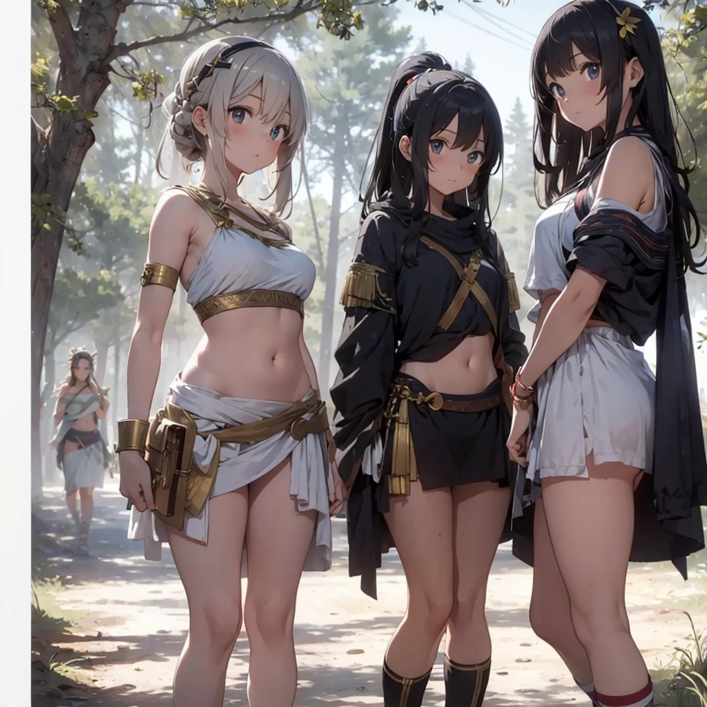 young greek warriors girls in togas , only girls , forest in the background , sandals , sexy , multiple girls ,