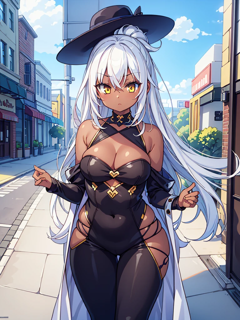 Extremely detailed, high resolution, masterpiece, 1girl, dark skin, yellow eyes, very cute, slender figure, white hair, curvy
