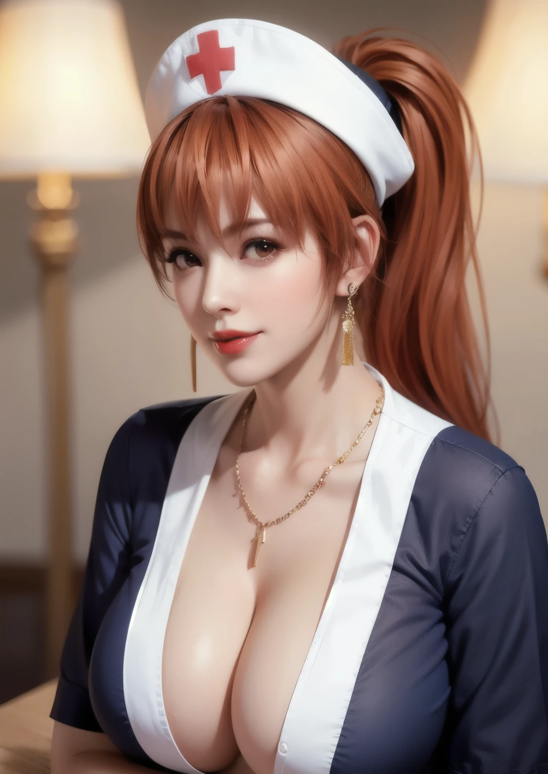 Full body shot of Kasumi, Young face, orange Hair, ponytail, , Vivitone, alone, Shyly lowered face, Red cheeks, Shy laugh, A pose with a slight twist of the upper body, Side lighting, Shallow and sharp depth of field,(Very detailed),Realistic, (masterpiece), (High resolution), (8k wallpaper), orange hair,huge breasts,Low-cut,Cleavage,earrings,necklace,Nurse uniform,Nurse hat,Nurse uniform,In the hospital,Red lips,red lip,Huge breasts,super huge breasts