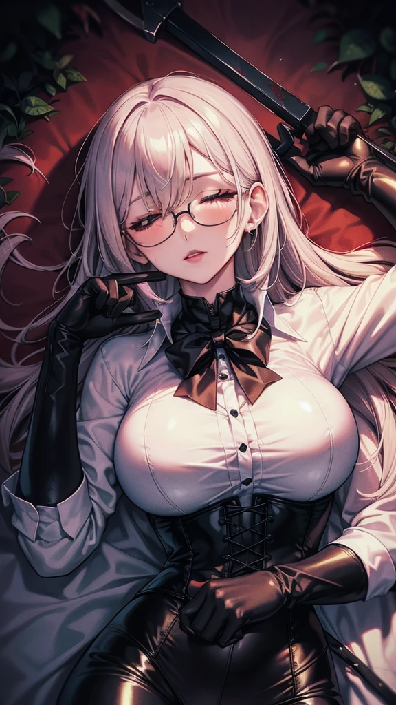 ((blood droplets)), ((blood)), ((blood splatter)), ((blood en el cuello)), ((blood on clothes)), ((blood stain)), Masterpiece, Beautiful art, professional artist, 8k, art style by sciamano240, Very detailed face, Detailed clothing, detailed fabric, 1 girl, View from above, lying completely on the ground, perfectly drawn body, neck wound spilling blood, large open wound on chest, (very big breasts), dead expression, lifeless, pale skin, beautiful face, long black hair, Closed eyes, pink cheeks, glasses, choker:1.6, (white collar button down long sleeve shirt), black gloves, gloves that cover hands, (holding an ax in his right hand), (black leather corset), (shiny black leggings), Sensual Lips , evening de invierno, Dark road, dark forest, evening, Atmosphere, fog