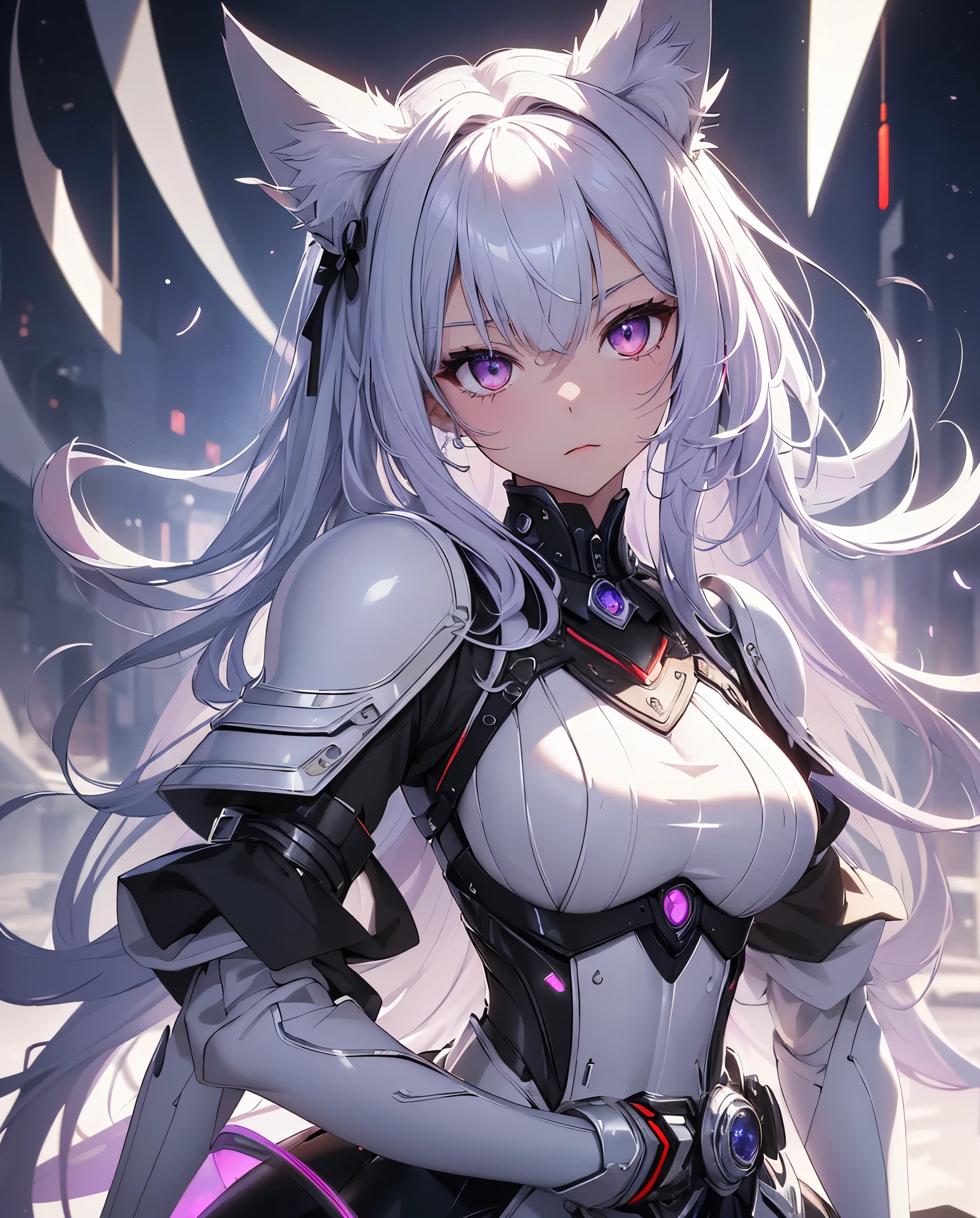 top-quality、Top image quality、​masterpiece、girl with((white and black mechanical body armor、silver mechanical arm、silver leg arm、Glowing red lines、sixteen years old、teen ager、cute little、Best Bust、big bast,Beautiful shining purple eyes、Breasts wide open, white  hair、lightblue hair,Longhaire、A slender,Large valleys)),hiquality、Beautiful Art、Background with((On board a luxury liner)))、,masutepiece、depth of fields,Cinematic style, neko ears, cat ears