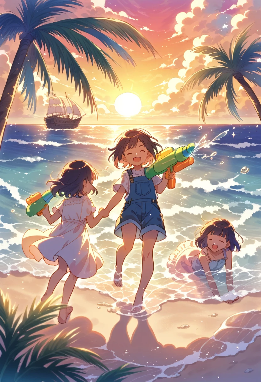 Draw a scene of children playing with water guns on the beach at sunset. Under the orange sky as the sun sets, children smile, splash water on each other, and leave footprints in the sand. The waves crash gently and the colors of the sea sparkle in the light of the setting sun. There are palm trees and a ship in the distance in the background, creating an overall peaceful and joyful atmosphere.