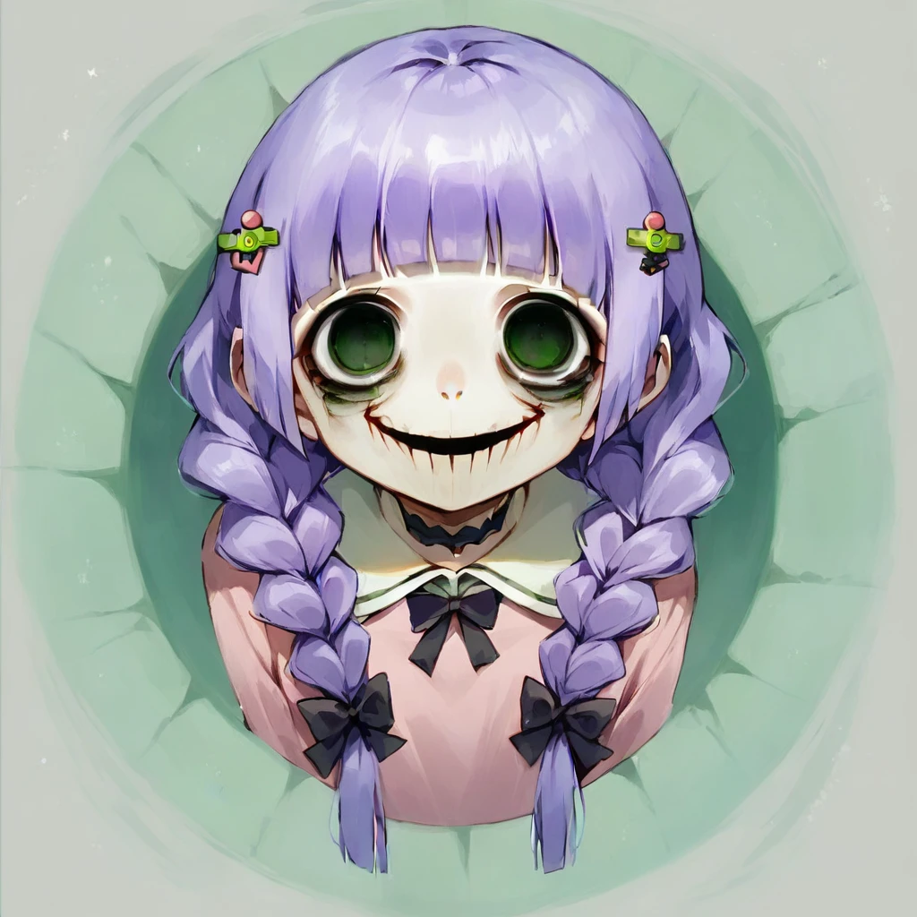 masterpiece, ultra detailed, 8K, full body shot,, a girl, kawaii, light atmosphere, (Cute a girl:1.5), (a girl with closs hair pin, pale purple hair, wavy two braids, blunt bangs hair, green and black eyes empty eyes, yandere, closs hair pin,
pink shirt,cosplay, jirai kei, bangs, black skirt, black bow, looking at viewer, bow, long sleeves, choker, ribbon,portrait shotportrait:1.4), anime visual, (tilt head:1.3), extremely delicate face, realistic lighting and shading, (an extremely delicate and beautiful art:1.3),rough toutch drawing,Watercolor painting, a girl, Slender girl with small breasts,from back,