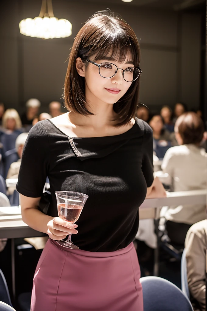 Adult feminine sex appeal、Sexy female scholar、University lecture hall, university psychology associate professor, ((full body)), ((photo)), ((best qualtiy, 8K, tmasterpiece:1.3)), Focus:1.2, perfect figure beautiful woman:1.41woman, cowboy shot, look at viewer, eyes facing the camera, incredibly absurd, beautiful and cute woman with a photorealistic face, showcasing top-quality craftsmanship, A Japanese woman giving a lecture at a university lecture hall, 27 years old, with a bob cut and flipped hair, short bangs swept at an angle, smooth and shiny hair, natural hairline, fair and smooth skin, plump and healthy cheeks, large, jet black eyes, round eyes, long and upward-facing eyelashes, double eyelids, thin and straight eyebrows, small and round nose, plump lips, upturned corners of the mouth, charming smile, cute face, glamorous, well-balanced proportions, tall, beautiful D-cup breasts, silver-rimmed glasses, pink blouse, black tight skirt, fashion with a waist-marked silhouette, scarf, heeled shoes, vanilla perfume, beautiful, pretty older woman, glasses suit her, knowledgeable, playful, curious, smart, elegant, November