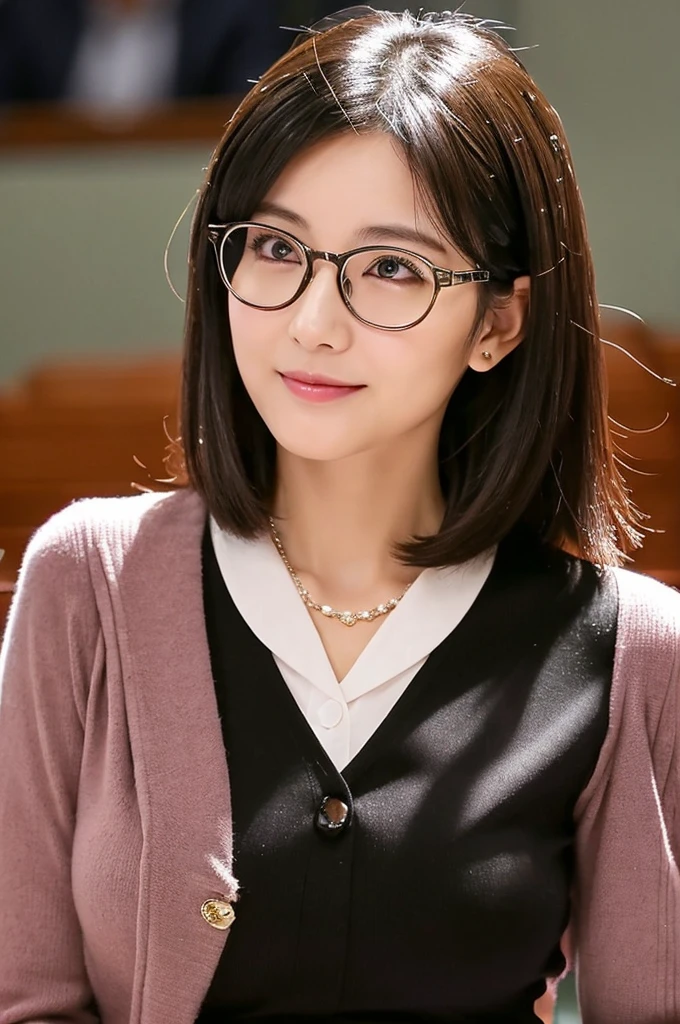 Adult feminine sex appeal、Sexy female scholar、University lecture hall, university psychology associate professor, ((full body)), ((photo)), ((best qualtiy, 8K, tmasterpiece:1.3)), Focus:1.2, perfect figure beautiful woman:1.41woman, cowboy shot, look at viewer, eyes facing the camera, incredibly absurd, beautiful and cute woman with a photorealistic face, showcasing top-quality craftsmanship, A Japanese woman giving a lecture at a university lecture hall, 27 years old, with a bob cut and flipped hair, short bangs swept at an angle, smooth and shiny hair, natural hairline, fair and smooth skin, plump and healthy cheeks, large, jet black eyes, round eyes, long and upward-facing eyelashes, double eyelids, thin and straight eyebrows, small and round nose, plump lips, upturned corners of the mouth, charming smile, cute face, glamorous, well-balanced proportions, tall, beautiful D-cup breasts, silver-rimmed glasses, pink blouse, black tight skirt, fashion with a waist-marked silhouette, scarf, heeled shoes, vanilla perfume, beautiful, pretty older woman, glasses suit her, knowledgeable, playful, curious, smart, elegant, November