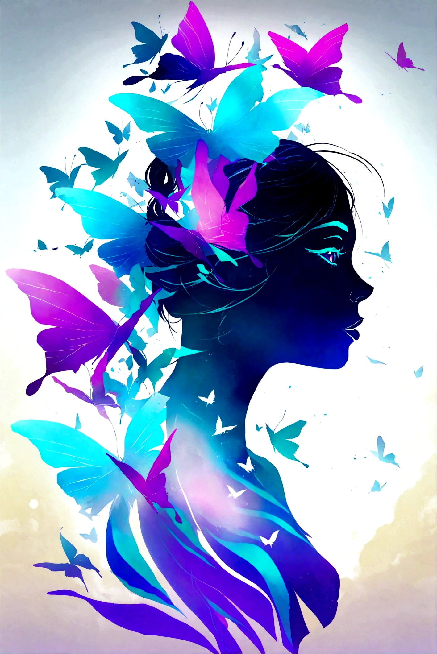 A masterpiece of vector graphics,
Best quality and high resolution, chaos, elegant, Vivid colors, Atmospheric, profile picture of a girl , elegant, butterflies, blooming flowers, moving, dramatic, Full body, organic composition, Aquarell