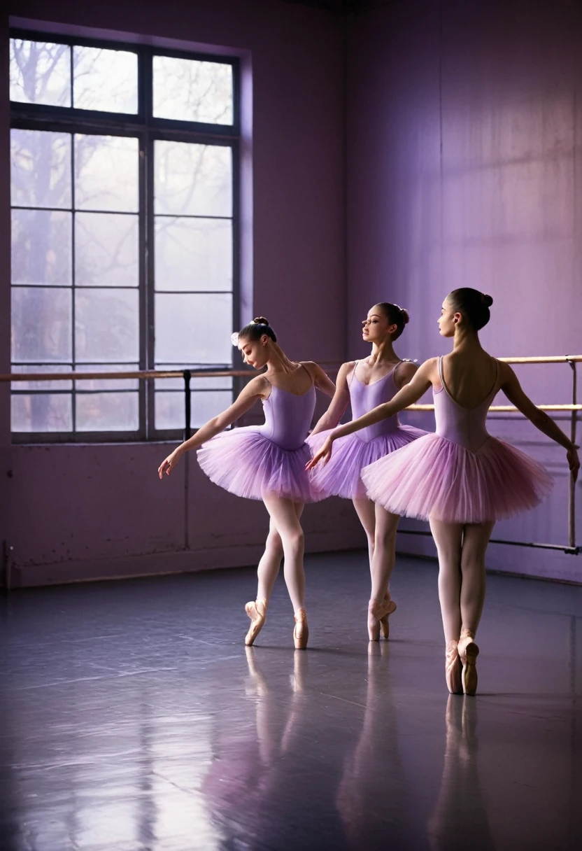 The poster captures a poignant moment in a dimly lit ballet studio. Three teenage ballerinas, each with a distinct presence and expression, are depicted mid-performance. expression, are depicted mid-performance. They wear traditional ballet attire on the color of lavender and pink, their delicate costumes softly illuminated by a single spotlight casting gentle shadows around them.
The backdrop of the studio is softly blurred, focusing attention on the dancers and their emotional performance. The studio's ambiance is tranquil yet evocative, enhanced by the soft glow of overhead lights that bathe the scene in a gentle, melancholic hue and like the ballerina 2 looks sad, craving for parents compliments .
Please make it aesthetic, coquette style
