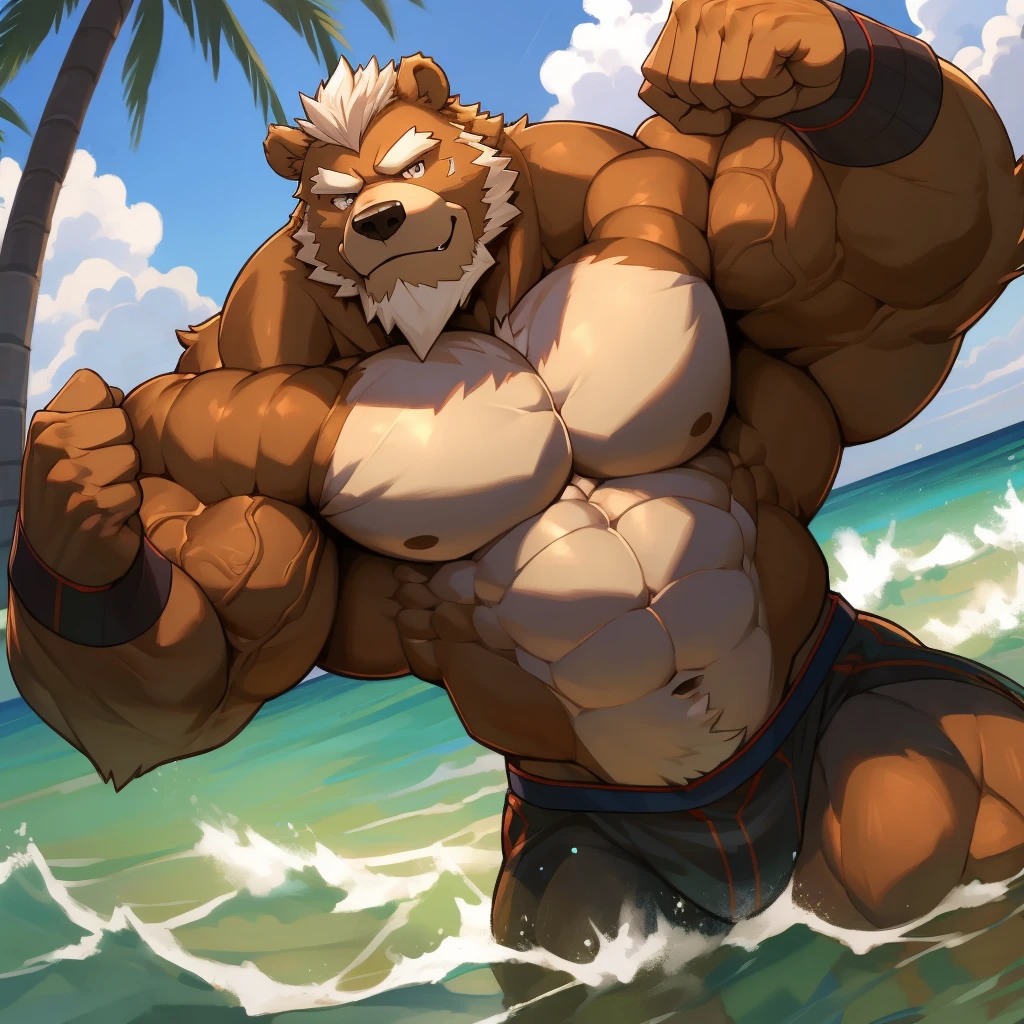 Solo, 1boy, a huge muscular furry Grizzly bear old man flexing thorax at the beach, huge shoulder muscle, shirtless, muscle, strong man, strong bear, huge muscle, short hair, bearded, white hair and beard, massive body, black swim trunks, thick brown fur, wristbands, wrinkles skinned, strong muscle, strong and brave, masterpiece, massive muscular, five fingers, correct anatomy, commission for high res, male, good art, very very beautiful art, art painting , painting art, 