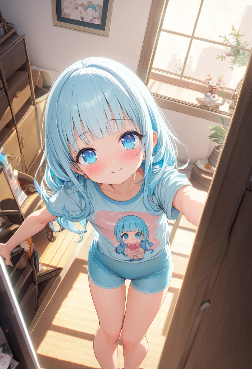 masterpiece, best quality, extremely detailed, (illustration, official art:1.1), 1 girl ,(((( light blue long hair)))), ,(((( light blue long hair)))),light blue hair, , long hair ((blush)) , cute face, big eyes, masterpiece, best quality,(((((a very delicate and beautiful girl))))),Amazing,beautiful detailed eyes,blunt bangs((((little delicate girl)))),tareme(true beautiful:1.2), sense of depth,dynamic angle,,,, affectionate smile, (true beautiful:1.2),,(tiny 1girl model:1.2),)(flat chest),、1girl,Japanese model girl,short hair,bangs,cute girl,flat chest,
BREAK
(pretty older sister:1.2),
(cute and pop atmosphere Intimate and private snapshots:1.3),charming composition photo,
(printed t-shirt:1.3),(tight-fit very_small boxer-shorts:1.2),
in her room,window,(cute girly colorful furniture1.2),
BREAK
fun feeling,cute feeling,
(dynamic pose:1.3),dynamic angle,
(talking to viewer:1.3),(standing:1.1),relaxed,
charming happy facial expression,(eyes shining:1.1),lively smile,
BREAK
(absurdres:1.3),,(detailed face and skin:1.3),(ultra high res:1.5),,,best quality,symmetric clear eyes,well-groomed face,(ray tracing:1.3),natural smooth moist facial skin
