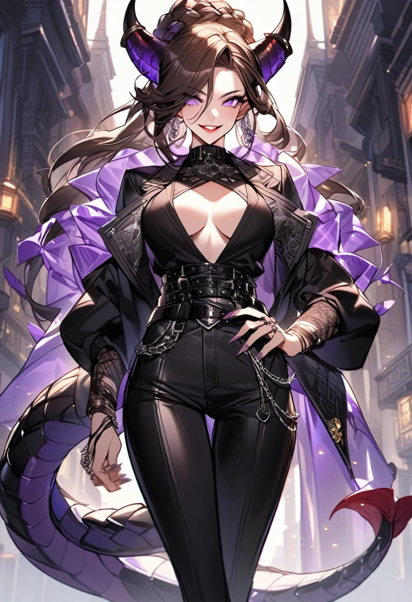 Tall woman, cheeky mad smile, brunette, hair gathered in a low bun, red and black clothes with open chest, purple eyes, dragon tail and horns, belts, pants, many details, light lipstick