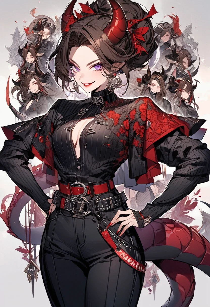 Tall woman, cheeky mad smile, brunette, hair gathered in a low bun, red and black clothes with open chest, purple eyes, dragon tail and horns, belts, pants, many details, light lipstick