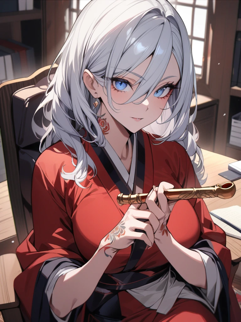 Pretty plush woman, older, mature, Powerful Aura, masterpiece, Long white hair, red at end of hair, Blue eyes, Wearing beautiful Japanese white and red robes, Sitting in chair holding golden pipe, tattoos on her hands, well endowed, Beautiful fantasy office, Looking at camera, Headshot,