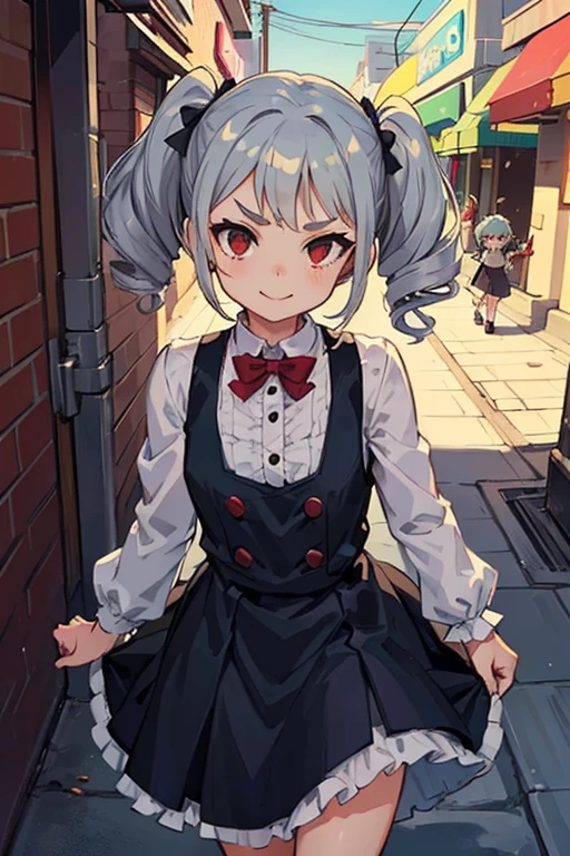 Young girl with grey hair, ((fringed and curly hair)),((curly short twintail)), curly hair ,(red eyes),, ((small bushy eyebrows)),, wearing gothic lolita clothes, lolicon (Zankuro) drawing style by zankuro artist, Zancrow style, image uploaded in R34, walking in the mall, flirty smile , suddenly having sex in public, ((doggy style sex)), ((public sex )) naked ass in the male crotch, old man , ((being raped by a decrepit old man in a dirty alley, )) ((male pov))
