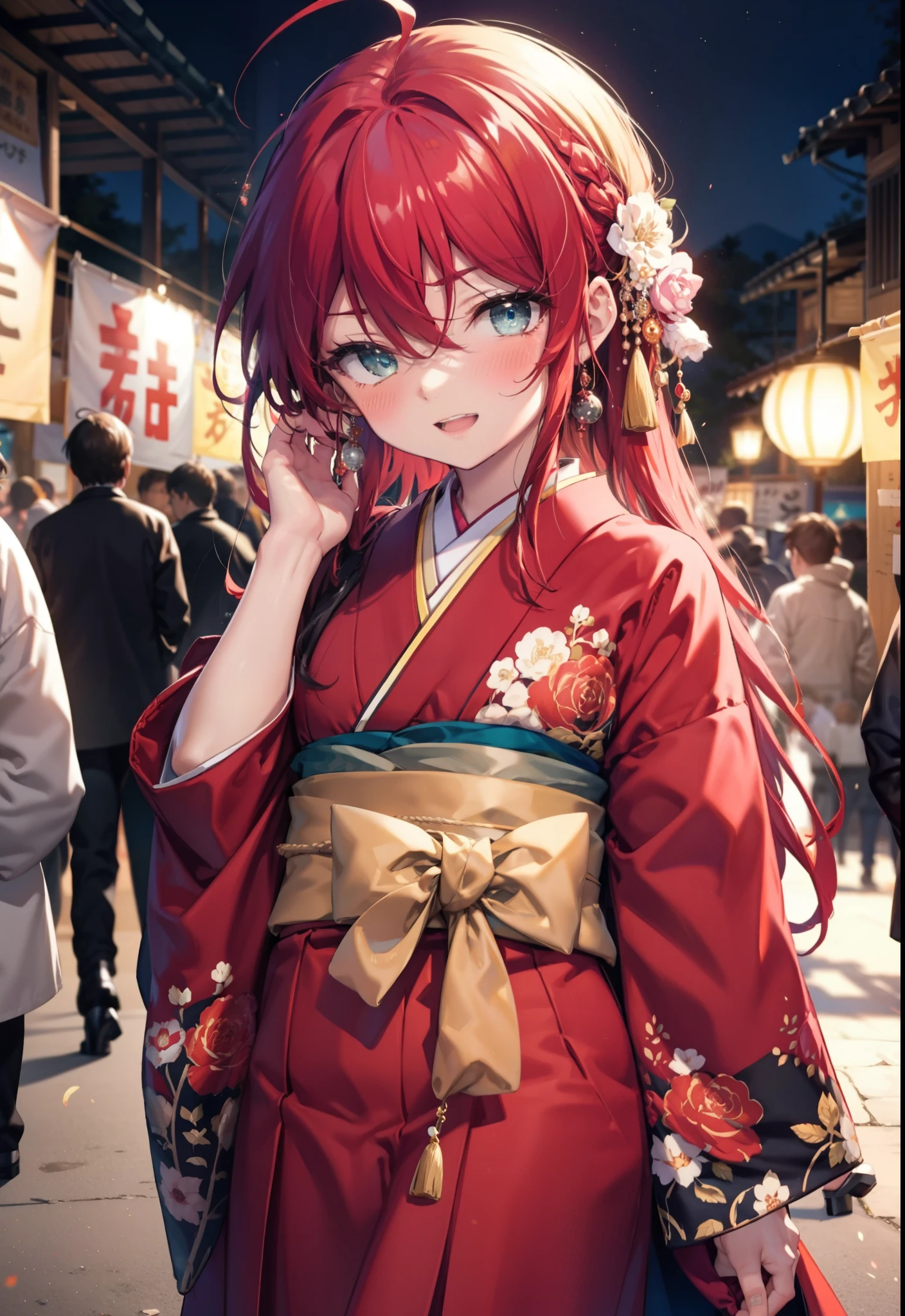 Shana,灼眼のShana,Long Hair, Red hair,Red eyes,Ahoge,smile,blush,Open your mouth,hair tied back,blush,Red Kimono,Thick sleeves,Red long skirt,日本のfestival,夏festivalの屋台,Red lantern,night,So that the whole body goes into the illustration,Walking,　　　　　　　　　　　  break looking at viewer, Upper Body (Cowboy Shot:1. 5),  　　　　　　　　　　　　　　　　　　break outdoors, shrine,festival, 　　　　　　　　　　　　　break (masterpiece:1.2), Highest quality, High resolution, unity 8k wallpaper, (shape:0.8), (Beautiful and beautiful eyes:1.6), Highly detailed face, Perfect lighting, Highly detailed CG, (Perfect hands, Perfect Anatomy),