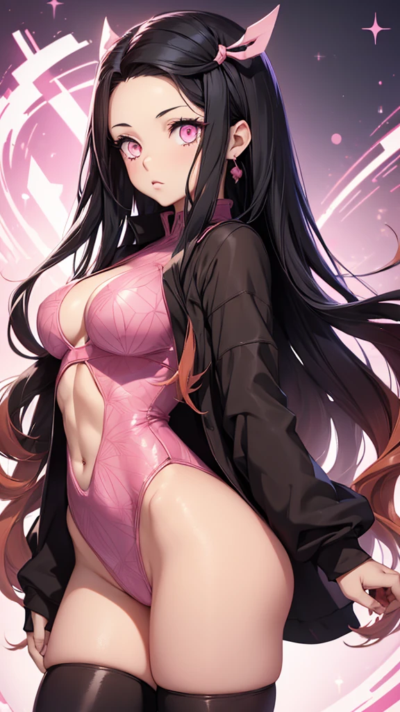 ((masterpiece)), ((best quality)), 1girl, anime girl with long black hair, Pink hair at the end, Pink Big Cat Eyes, Extremely Detailed eyes, Extremely Detailed Stomach, Abs, Wearing Skin tight Leotard, Nezuko From Demon slayer, Nezuko