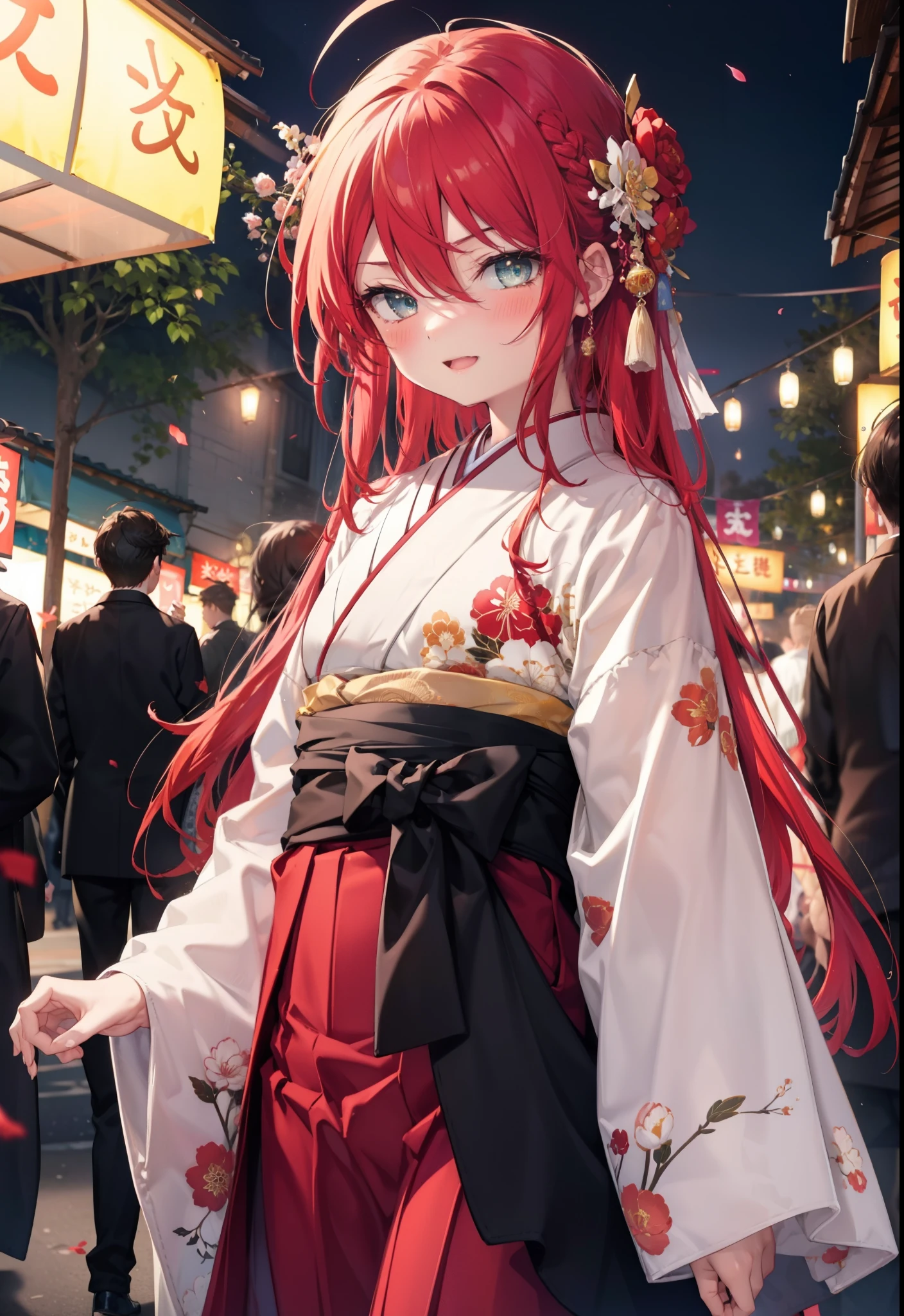 Shana,灼眼のShana,Long Hair, Red hair,Red eyes,Ahoge,smile,blush,Open your mouth,hair tied back,blush,Red Kimono,Thick sleeves,Red long skirt,日本のfestival,夏festivalの屋台,Red lantern,night,So that the whole body goes into the illustration,Walking,　　　　　　　　　　　  break looking at viewer, Upper Body (Cowboy Shot:1. 5),  　　　　　　　　　　　　　　　　　　break outdoors, shrine,festival, 　　　　　　　　　　　　　break (masterpiece:1.2), Highest quality, High resolution, unity 8k wallpaper, (shape:0.8), (Beautiful and beautiful eyes:1.6), Highly detailed face, Perfect lighting, Highly detailed CG, (Perfect hands, Perfect Anatomy),
