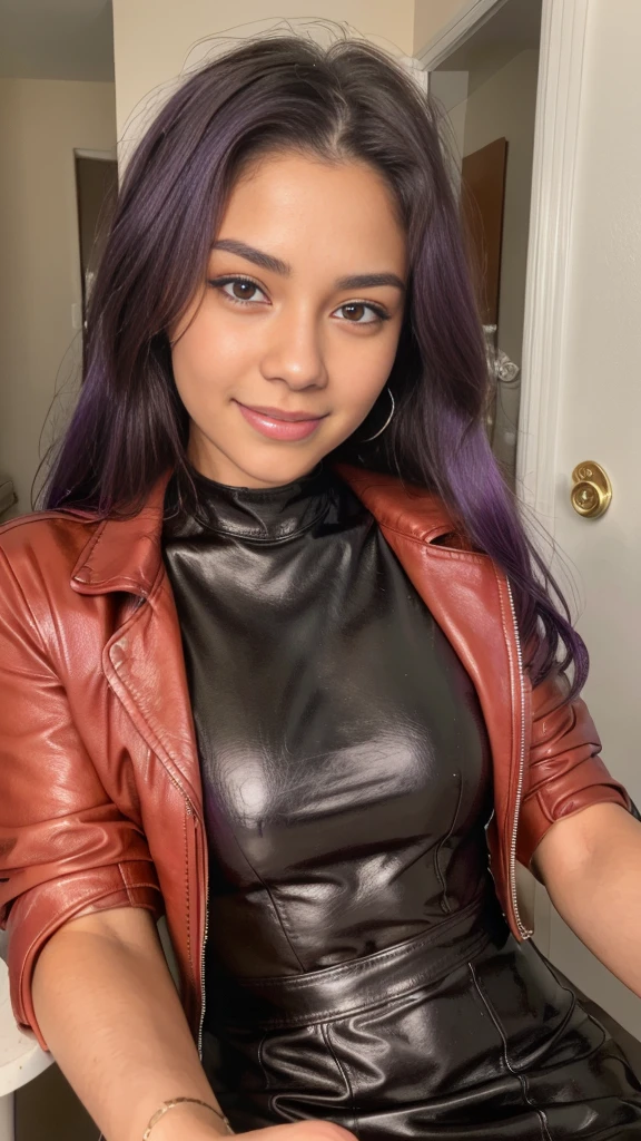 (best quality, highres), portrait of 18 year old latina girl, Purple medium purple Hair, Mixed Beautiful Pretty 18 years old Brazilian babe, small beautiful brown eyes, intense gaze, beautiful lips, red leather jacket, black dress, combine realism and beautiful anime influenced, confident looks, smiling, 