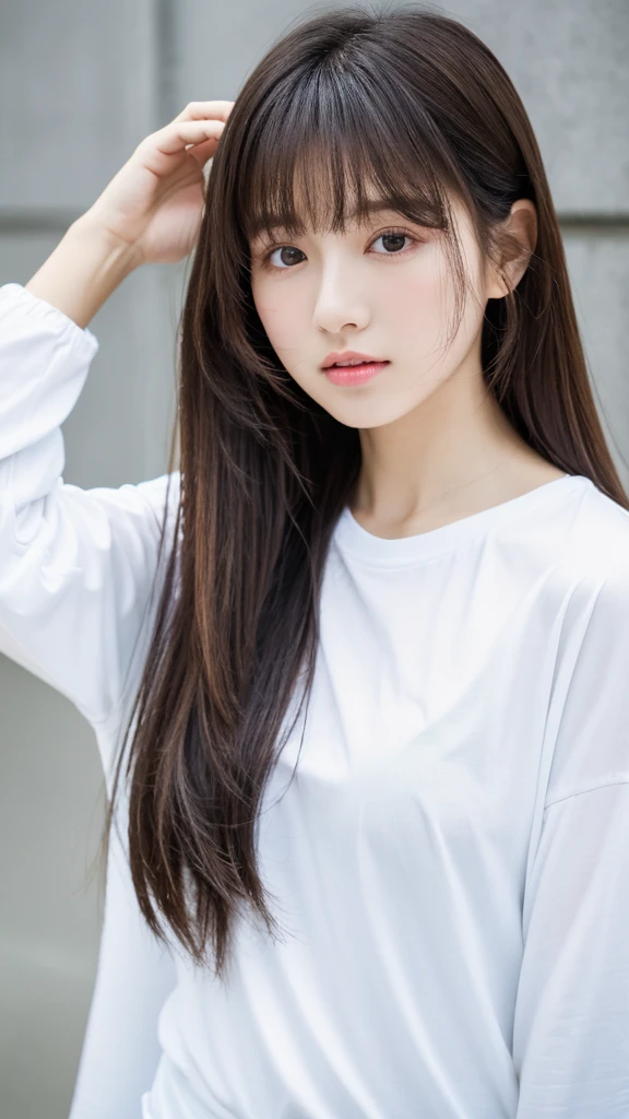 (top-quality、16K resolution) 1 girl、solo、natural soft light、Looking at the camera、Long sleeve white T-shirt、Concrete background、Facing the front、is standing、Woman in her late s、Light bangs、Salon model、Natural look、portlate、floated hair、Rolled hair