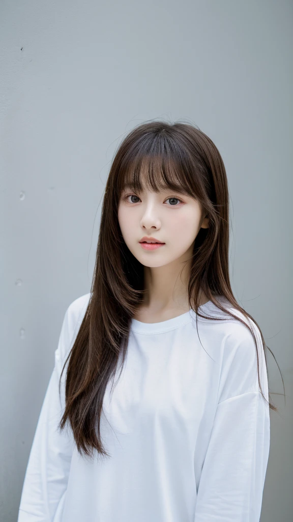 (top-quality、16K resolution) 1 girl、solo、natural soft light、Looking at the camera、Long sleeve white T-shirt、Concrete background、Facing the front、is standing、Woman in her late teens、Light bangs、Salon model、Natural look、portlate、floated hair、Rolled hair