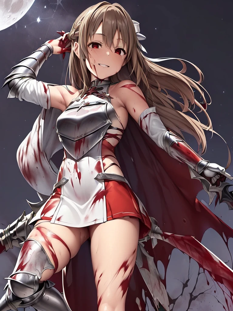 8K,(Asuna(star): 1.6),One Girl, alone,(Perfect Anatomy:1.43), (Medium Hair:1.55) ,(Half Up:1.45),bangs, Brown eyes,Beautiful Eyes,(Sad Smile:1.3),White knee socks,(Brown Hair:1.6),blood stained boots,(18-year-old:1.5),whole body,(A combination of blood-white silver full plate armor and a long blood-stained cloak.:1.63),(Bare shoulders:1.5),(mini skirt:1.26),(With a blood-stained rapier in hand:1.43),(A bloody battlefield on a moonlit night:1.52),Fantasy,(Blood Effect:1.53),throw,Eye level,(Cast a Shadow:1.21)