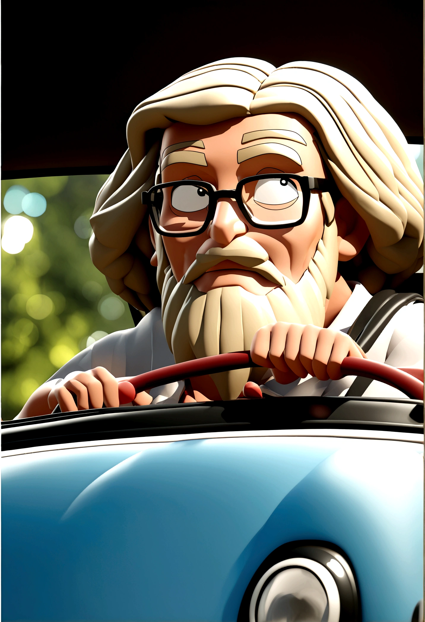 cartoon character: 1- Man: skin black, shorth hair, white and frizzy hair, square eyeglasses, dark brown skin, 65 years old, he doesn't have any beard.
2- Woman: shorth hair, smooth and red. square eyeglasses, skin fair, 65 years old.
3- Situation: The man is driving a white Kombi, and the woman is next to him in the passenger seat, walking along a beautiful road in summer.
Use the pixar style and don't forget each person's physical characteristics. Put the man driving and the woman the passenger, and showing that they are in a completely white kombi., stylized character, animation style rendering, 3d stylized, Arnold Maya rendering, Stylized 3D rendering, toon render screenshot, 3d character, 3d character, Stylized 3D rendering, 3D character rendering, cartoon character, Personagem de close up, character posing, (Pixar-style) (master part:1.2) (bokeh) (best qualityer) (skin detailed) (detailed texture) (8K) (Argilla) (cinematic lighting) (sharp focus