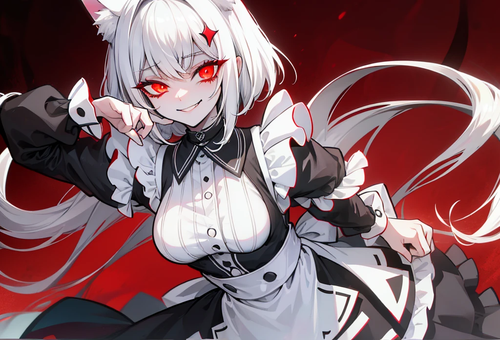 White hair,bit girl,dual horsetail,black-skinned,One eye is covered by bangs,cat ear,the maid outfit,Devilish charm,Sinister smile,Black whites of the eyeagic Array,Black and red background,slope,Cthulhu,Dark