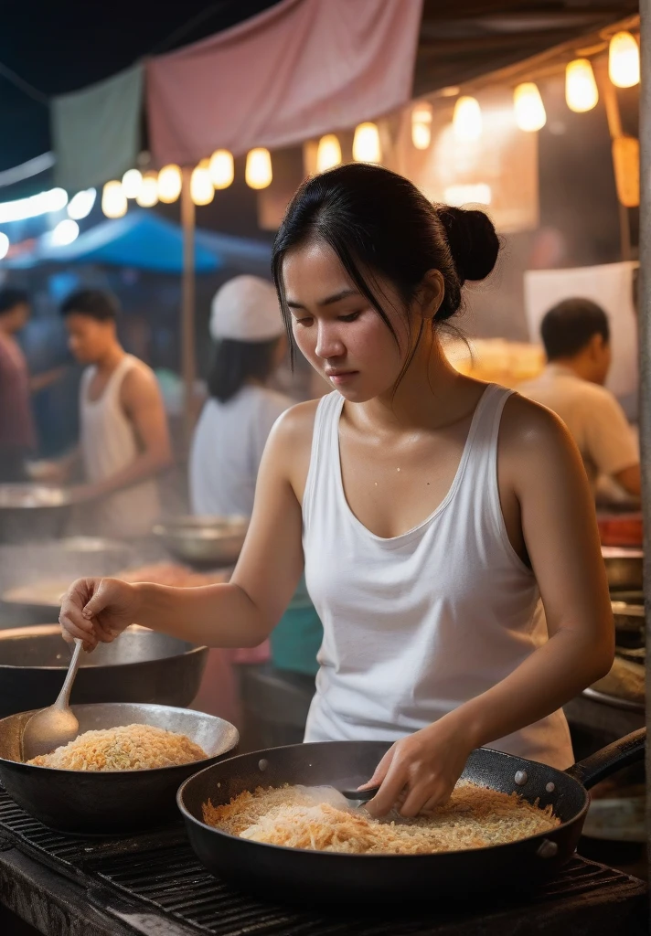 Realistic image of a Malaysian woman (slightly curvy), long black hair (messy low bun), cooking at a night market or roadside stall. The woman was wearing a white tank top (wet with sweat) and a batik cloth around her waist. He looked sweaty and focused on the large frying pan in front of him which contained fried rice or other food which he stirred with a spatula. Around him there were several people queuing or watching the cooking process. The lighting comes from light bulbs hanging above, giving this image the warm and intimate atmosphere of a busy market with several buildings and people inside.