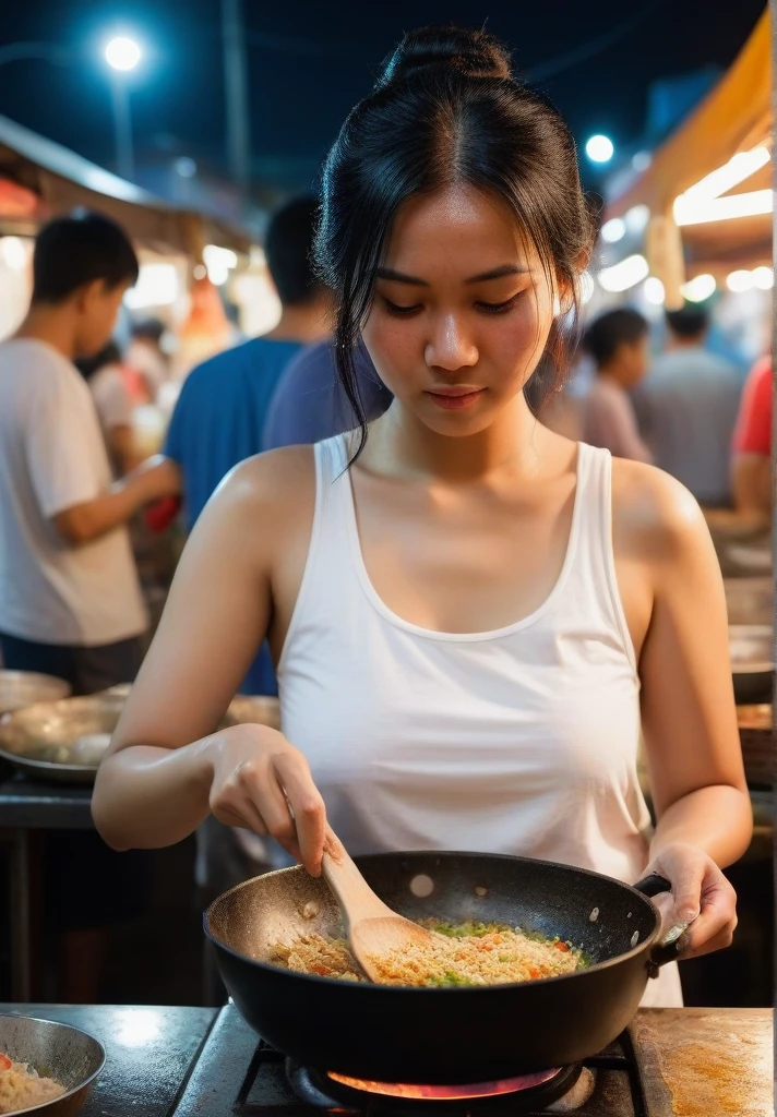Realistic image of a Malaysian woman (slightly curvy), long black hair (messy low bun), cooking at a night market or roadside stall. The woman was wearing a white tank top (wet with sweat) and a batik cloth around her waist. He looked sweaty and focused on the large frying pan in front of him which contained fried rice or other food which he stirred with a spatula. Around him there were several people queuing or watching the cooking process. The lighting comes from light bulbs hanging above, giving this image the warm and intimate atmosphere of a busy market with several buildings and people inside.